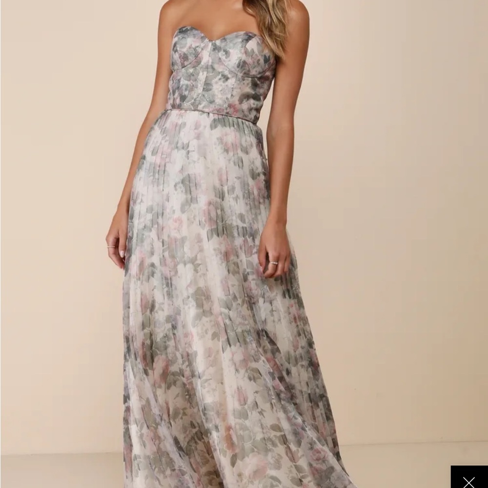 Lulus Most Beautiful Day Ivory Multi Floral Print Organza Maxi Dress strapless